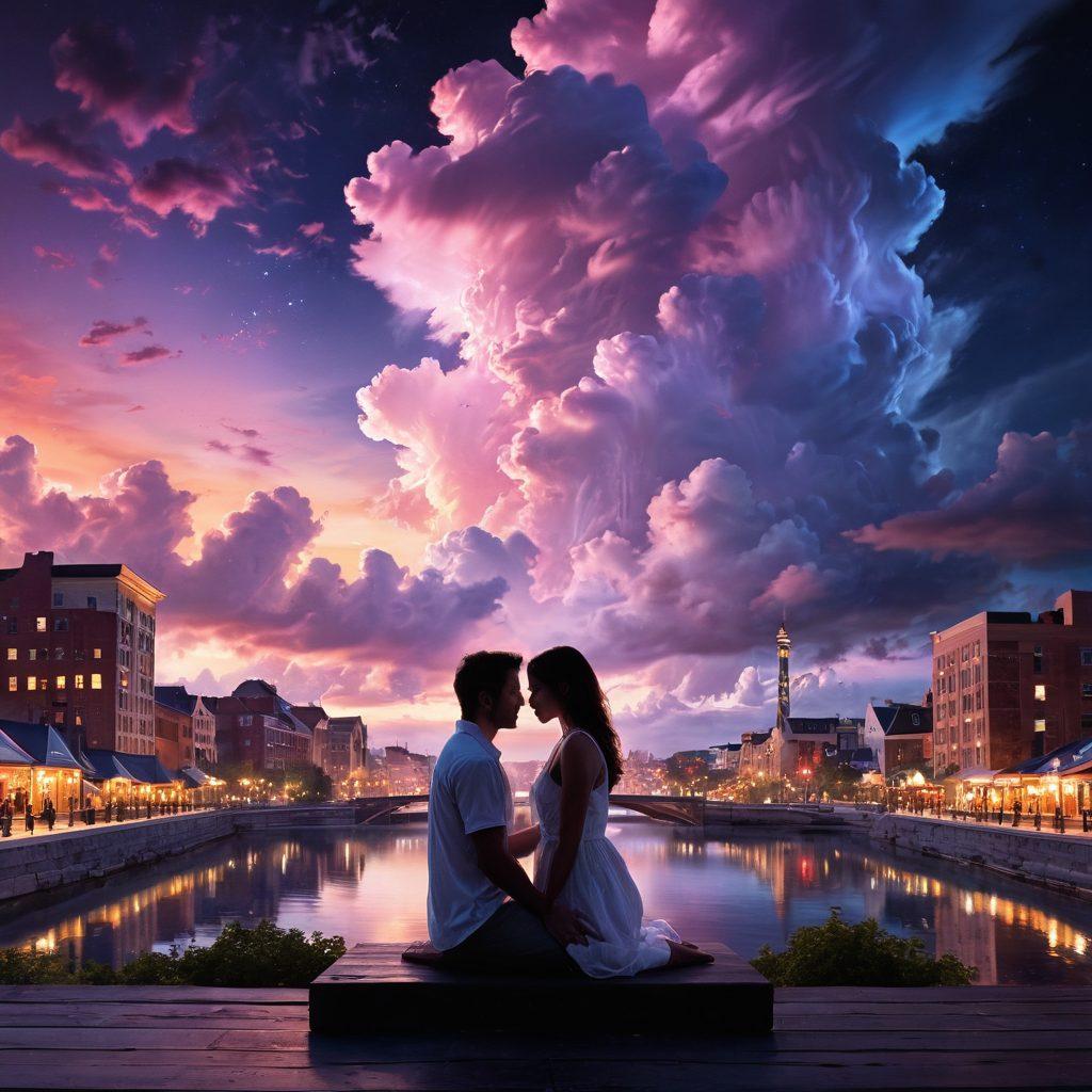 A striking juxtaposition of a dreamlike, ethereal fantasy scene merging into a bold, realistic depiction of intimacy; soft, shimmering lights intertwining with vivid, engaging portrayals of adult media elements. Include diverse couples in intimate, respectful moments, surrounded by a blend of whimsical clouds and grounded urban landscapes. Enhance with a touch of surrealism to emphasize the transition from imagination to reality. vibrant colors. super-realistic.