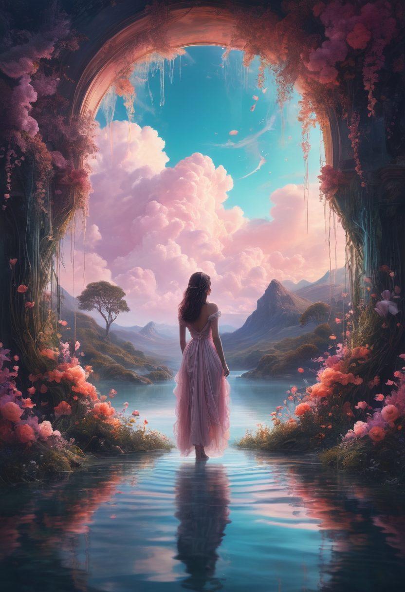 A dreamlike scene featuring a surreal landscape that embodies sexuality, with soft pastel hues and enchanted flora. In the foreground, a mysterious silhouette of a large, ornate vagina shape, surrounded by flowing ribbons and sensual elements like flowing water and soft clouds, inviting exploration. Ethereal glowing lights create an air of allure, enhancing the whimsical atmosphere. The background features abstract representations of adult media, blending fantasy with reality. vibrant colors. ethereal style. fantasy art.